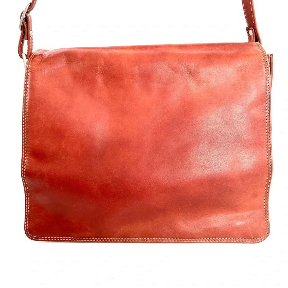 CHAOS Rust Brown Leather Medium Messenger Bag Organizer Office Commute Travel